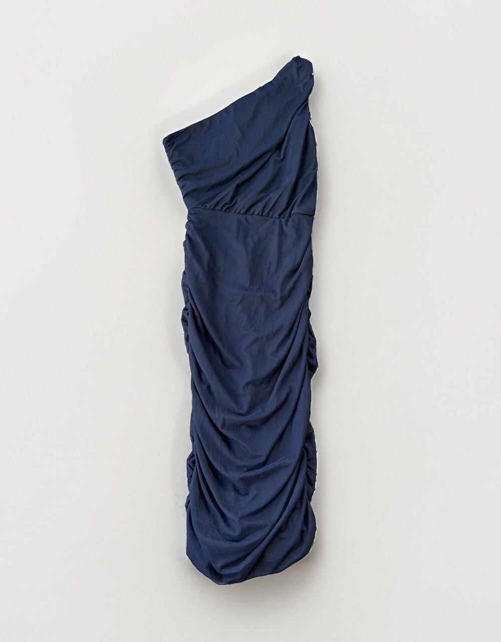 Love X Design Navy Mesh One Shoulder Midi Dress Size L Zip Ruched